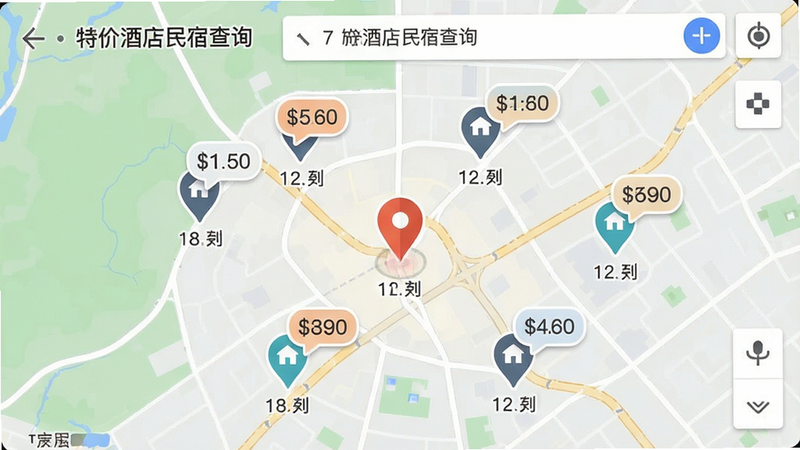 主体为地图界面,显示“特价酒店民宿查询”的附近搜索功能,布局中心为定位图标,周围分布多个房源标记点,风格扁平化地图UI,细节显示距离刻度与价格气泡,画质锐利,干净,无多余元素