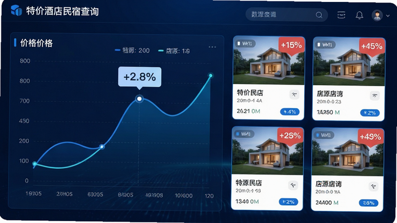主体为数据对比图表界面,展示“特价酒店民宿查询”的比价功能,布局左侧为价格曲线,右侧为房源卡片,风格科技感蓝色调,细节显示百分比折扣标识,画质清晰,干净,无多余元素