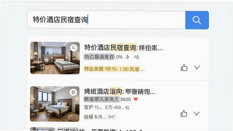 主体为应用搜索界面,展示“特价酒店民宿查询”的输入框与结果列表,布局为上下结构,风格简洁明快,细节显示搜索结果高亮关键词,画质高清,干净,无多余元素