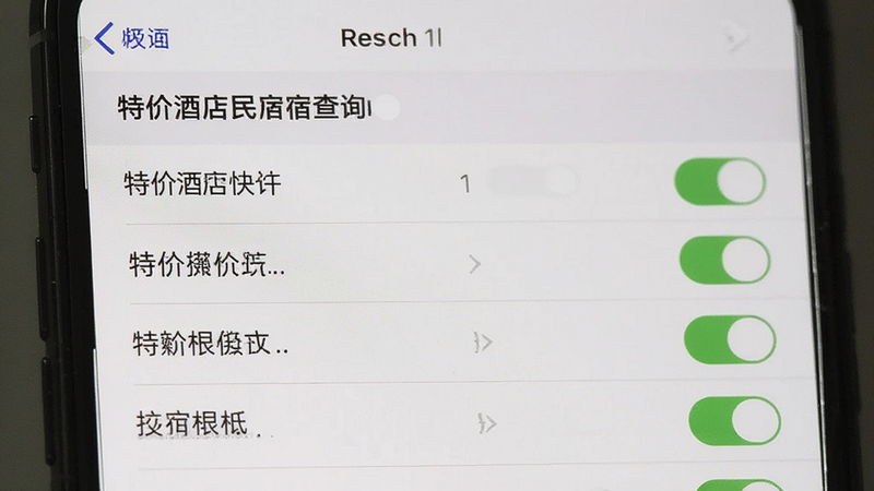 主体为手机设置界面,展示“特价酒店民宿查询”的权限管理页面,布局为列表形式,风格系统原生UI,细节显示位置权限开关为开启状态,画质清晰,干净,无多余元素