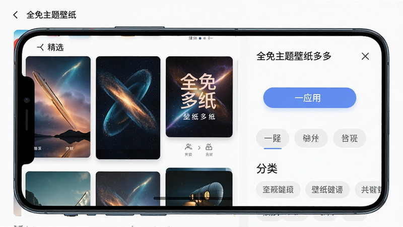主体为手机屏幕展示全免主题壁纸多多应用界面,布局为左右分栏,左侧为精选壁纸预览,右侧为功能菜单,排版整洁清晰,风格为现代扁平化UI设计,细节包含高清动态壁纸预览图、一键应用按钮、分类标签栏,画质高清,干净,无多余元素,文字引用