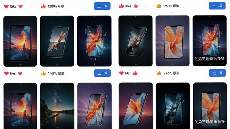 主体为手机壁纸库列表界面,布局为双列瀑布流展示,排版紧凑有序,风格为多彩视觉冲击,细节包含各种高清壁纸缩略图、点赞图标、下载按钮,画质超清,干净,无多余元素,文字引用
