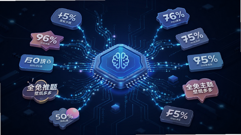 主体为智能推荐算法示意图,布局为中央核心引擎连接四周风格标签,排版为放射状结构,风格为科技感蓝色调,细节包含数据流线条、风格图标、匹配度百分比,画质高清,干净,无多余元素,文字引用