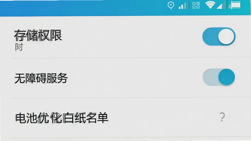 主体为手机设置权限界面截图,布局为列表形式,排版为垂直滚动,风格为系统原生UI,细节包含存储权限开关、无障碍服务开关、电池优化白名单,画质高清,干净,无多余元素,文字引用
