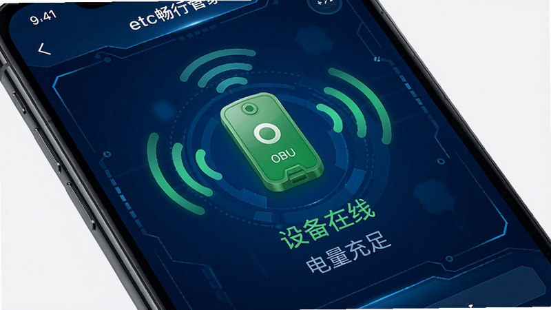 �ֻ���Ļ��ʾetc���йܼҵ��豸״̬ҳ�棬������һ����ɫ��OBU�豸ͼ�꣬��Χ�������źŲ�����Ч���·���ʾ���豸���ߡ������������㡱��״̬���֣�����Ϊ����ɫ�Ƽ��н��棬ϸ�ھ��£����廭��