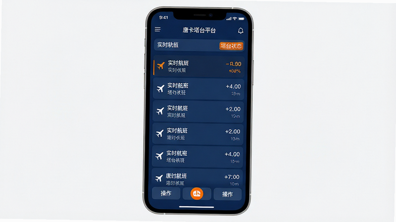 主体是“唐卡塔台平台”的移动端应用界面截图,布局为全屏竖屏显示,排版清晰分为顶部状态栏、中部实时航班列表、底部操作按钮区。风格为现代商务极简风,细节包括深蓝色背景搭配白色文字,高亮的橙色状态指示器,以及清晰的图标设计。画质高清,8k分辨率,干净无多余元素,文字需加引号如“实时航班”、“塔台状态”