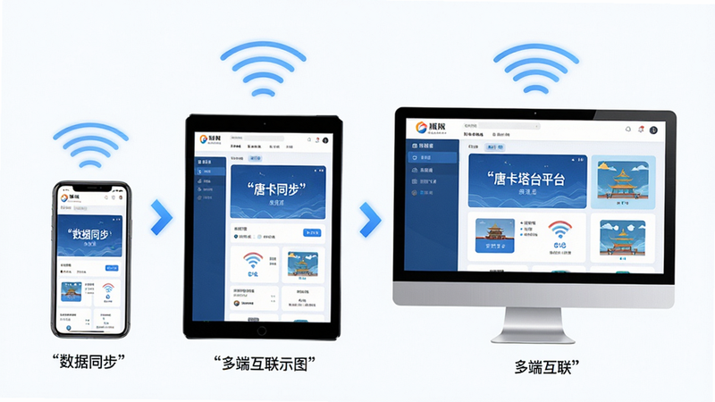 主体是“唐卡塔台平台”的多设备同步示意图,布局为手机、平板、电脑三台设备并列展示,屏幕内容一致。排版对称平衡,突出连接感。风格为科技连接概念图,细节包括设备间的无线信号波纹、同步箭头图标、以及统一的界面色调。画质精致,无多余装饰,文字需加引号如“数据同步”、“多端互联”