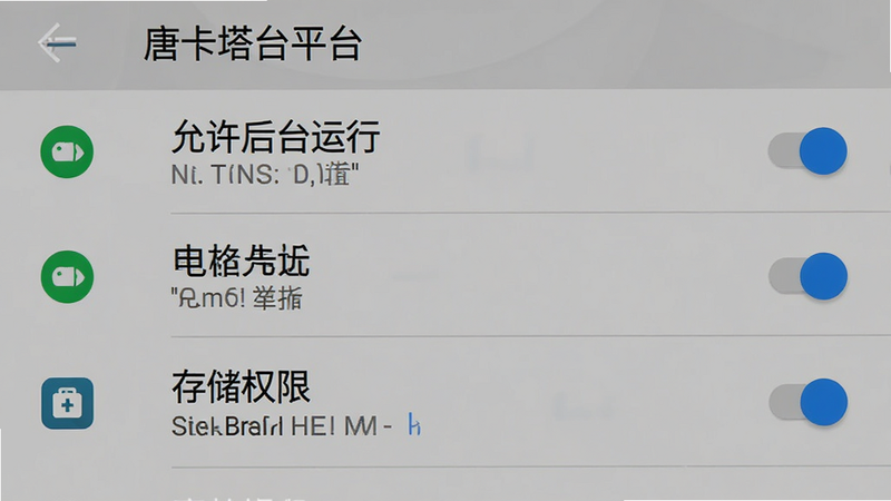 主体是“唐卡塔台平台”的手机设置界面,布局为垂直列表形式,重点突出电池优化与存储权限选项。排版简洁,左侧为图标,右侧为开关或状态描述。风格为原生安卓系统设置风格,细节包括灰色的背景色、白色的文字、以及蓝色的选中状态高亮。画质清晰,无杂乱元素,文字需加引号如“允许后台运行”、“存储权限”