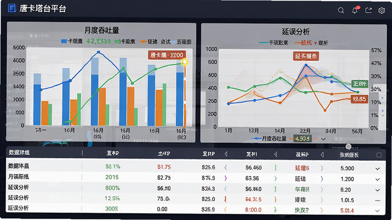 主体是“唐卡塔台平台”的数据统计报表界面,布局为图表为主,下方为数据明细表。排版紧凑有序,柱状图与折线图结合。风格为专业商务数据分析风格,细节包括彩色的图表元素、清晰的坐标轴标签、以及高亮的关键数据点。画质高清,干净利落,文字需加引号如“月度吞吐量”、“延误分析”