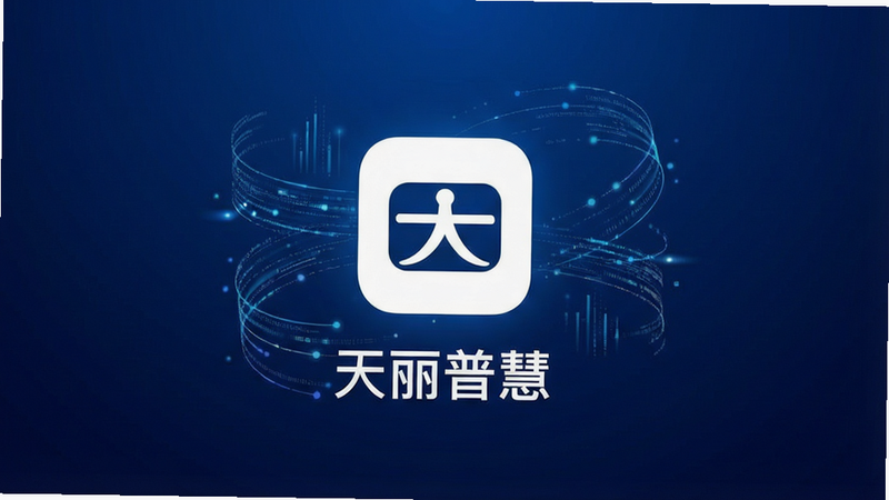 一张展示天丽普慧APP主界面的高清图片,背景为深蓝色渐变,中央悬浮着简洁的白色APP图标,周围环绕着抽象的数据流线条,体现科技感与智能感,文字“天丽普慧”清晰可见,布局居中,风格现代简约,画质8K,干净无多余元素