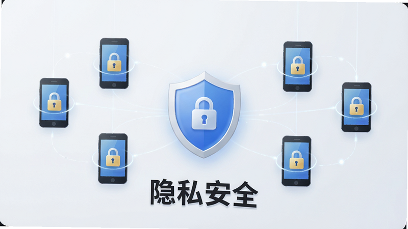 天丽普慧隐私保护模块界面,盾牌图标居中,周围环绕着被锁定的手机图标,代表权限保护,背景为浅灰色,简洁明亮,文字“隐私安全”加粗显示,布局对称,风格清新安全,画质细腻