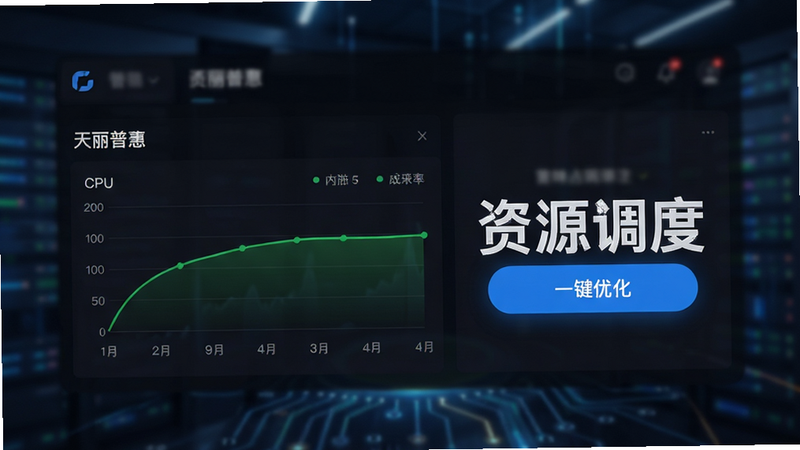 天丽普慧后台管理界面预览,深色模式UI,左侧显示CPU和内存占用率图表,绿色曲线平稳,右侧显示“一键优化”按钮,高亮蓝色,背景虚化处理,体现科技感,文字“资源调度”醒目,风格专业严谨,画质高清