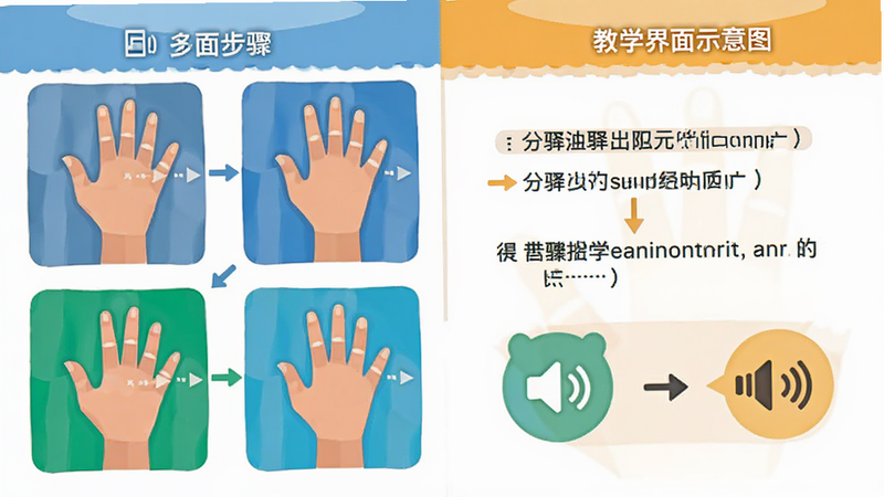 教学界面示意图,左侧是分解的手部动作步骤图,右侧是对应的文字说明和语音提示图标,排版整齐,色彩明快,风格扁平化,画质干净