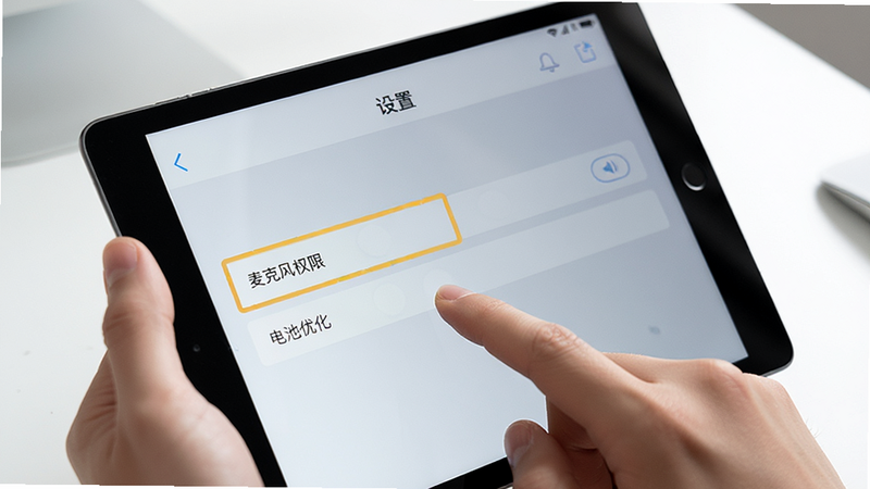 主体为一只手拿着平板电脑,屏幕显示斑马老师版APP的“设置”页面,重点高亮显示“麦克风权限”和“电池优化”选项,背景为简洁的白色桌面,布局为近景特写,风格为实用主义,细节展示手指点击屏幕的动作与UI控件的清晰度,画质清晰,干净,无多余元素