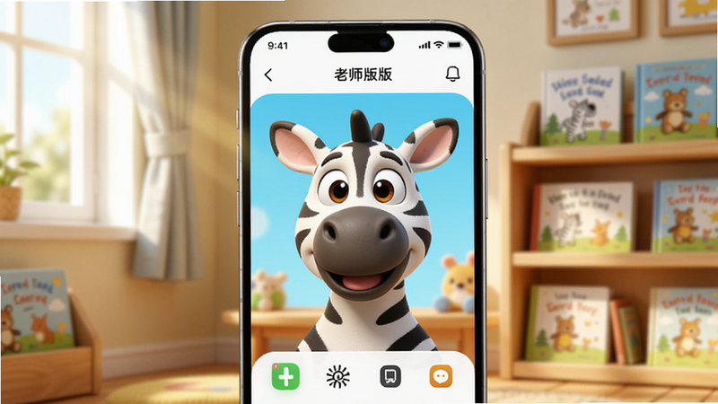 主体为一部最新款智能手机,屏幕正显示斑马老师版APP界面,界面中心是一个可爱的斑马卡通形象正在微笑,背景是温馨的儿童书房,书架上摆满绘本,阳光从左侧洒入,布局采用中心构图,风格为写实3D渲染,细节清晰展现手机边框质感与屏幕高光,画质4k,干净,无多余元素