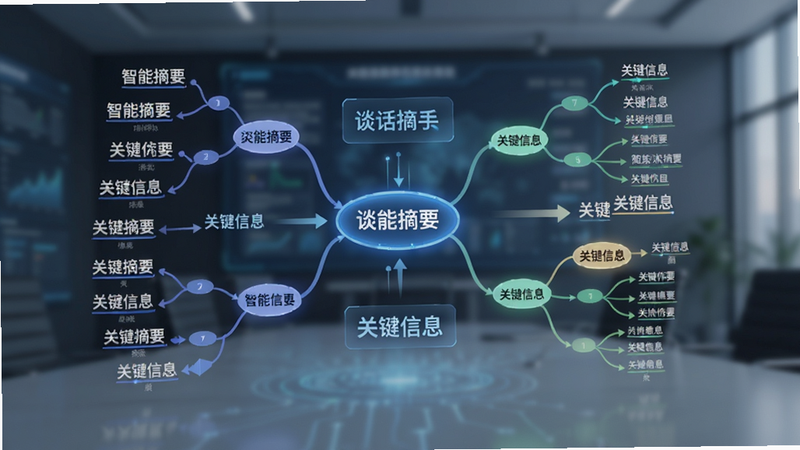 主体为“谈话助手”的信息提取功能演示,布局中心是一个动态生成的思维导图,节点清晰,排版平衡,风格科技感强,细节展示从文本到结构化条目的转换过程,画质细腻,干净,文字“智能摘要”和“关键信息”清晰标注