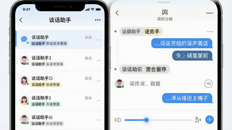 主体为一款名为“谈话助手”的手机应用界面展示,布局采用简洁的左右分栏设计,左侧为谈话记录列表,右侧为实时对话窗口,排版清晰有序,风格为现代扁平化UI设计,细节包含高亮显示的关键词和进度条,画质高清,干净无多余元素,文字“谈话助手”清晰可见
