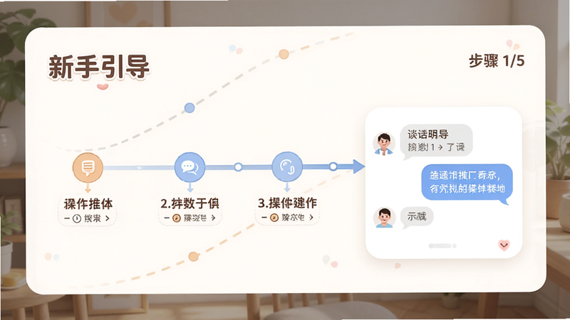 主体为“谈话助手”的新手引导界面,布局为步骤条形式,排版线性清晰,风格亲切友好,细节展示每一步的操作指引和示例对话,画质柔和,干净,文字“新手引导”和“步骤 1/5”清晰