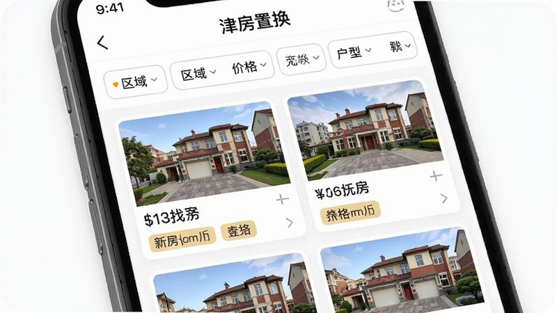 手机APP界面截图,显示“津房置换”APP的“智能找房”页面,布局包含筛选条件栏(区域、价格、户型),下方列表展示多套房源卡片,每张卡片包含房屋图片、价格及标签,背景白色,风格简洁,细节丰富,画质清晰,文字“津房置换”在顶部导航栏可见,整体界面干净利落