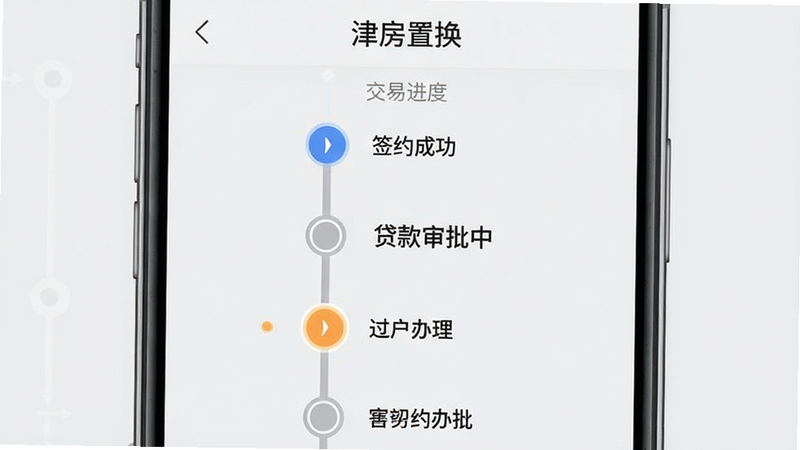 手机APP界面截图,显示“津房置换”APP的“交易进度”页面,布局为垂直时间轴样式,节点包括“签约成功”、“贷款审批中”、“过户办理”等,当前节点高亮显示,背景浅灰色,风格商务简约,细节精致,画质高清,文字“津房置换”在顶部可见,整体设计清晰直观