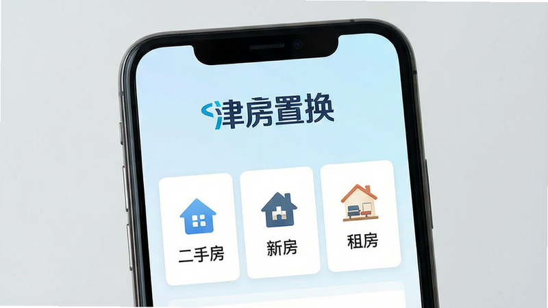 一张高清的智能手机界面展示图,主体为“津房置换”APP首页界面,布局整洁,顶部显示品牌Logo“津房置换”,中间区域展示“二手房”、“新房”、“租房”三大核心板块图标,背景为淡雅的浅蓝色渐变,风格现代简约,细节清晰,画质高清,无多余元素,文字“津房置换”清晰可见,整体呈现专业房产服务氛围