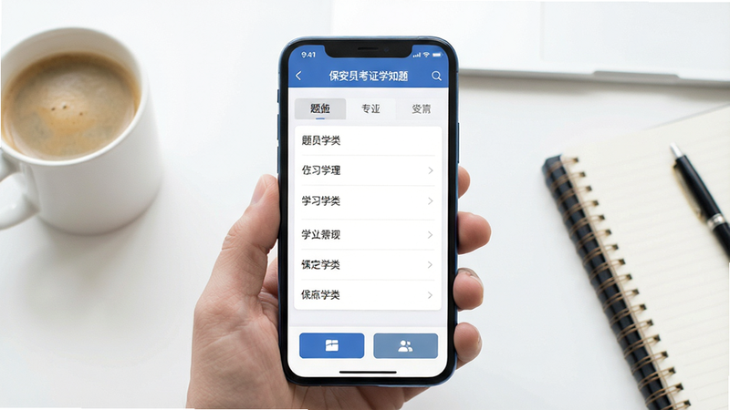 一张展示智能手机屏幕界面的概念图,手机屏幕中央显示着“保安员考证学知题”的APP主界面,界面顶部有清晰的导航栏,中部是列表式的题库分类选项,底部是功能按钮。背景为简约的白色办公桌面,旁边放着一杯咖啡和一本笔记本。整体风格为现代扁平化设计,光线柔和,色调清新,突出专业与高效的学习氛围,高清细节,无杂乱元素