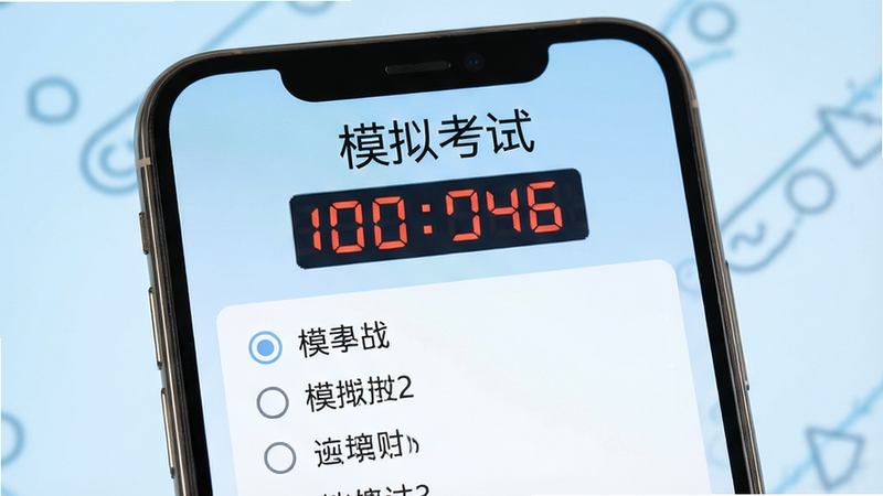 模拟考试界面示意图,手机屏幕显示“模拟考试”标题,上方有倒计时数字,下方是单选题选项,界面元素清晰,背景为浅蓝色渐变,体现严肃与专注的学习状态,文字清晰可读,无多余装饰,高质量渲染