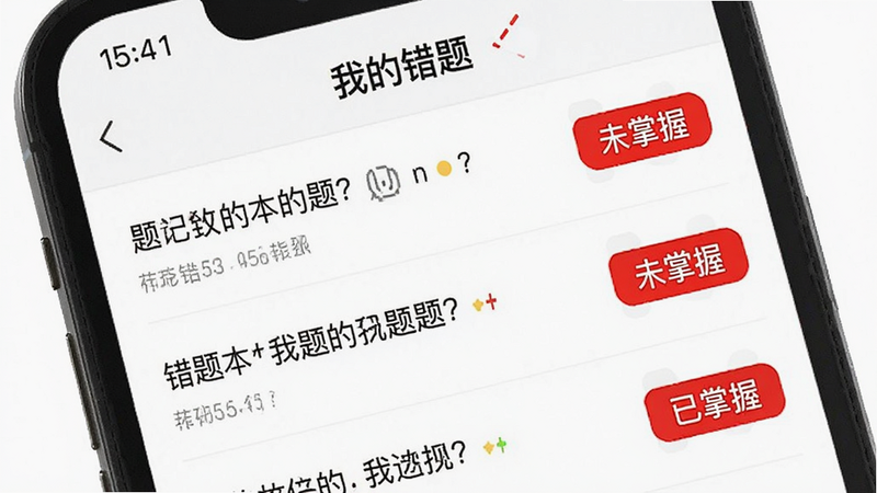 错题本功能展示图,手机屏幕显示“我的错题”列表,每道题旁边有红色的“已掌握”或“未掌握”标签,界面整洁,重点突出错题管理功能,背景为纯白,风格极简,文字大小适中,易于阅读,高清无噪点