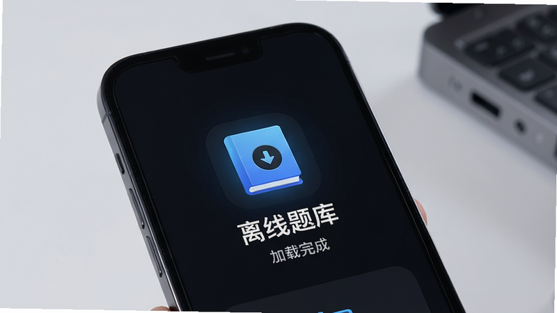 离线模式界面展示,手机屏幕显示“离线题库”已加载完成的状态,图标为一个带下载箭头的书本,背景为深色模式,突出科技感与实用性,文字清晰,布局合理,无多余UI元素,高质量图像