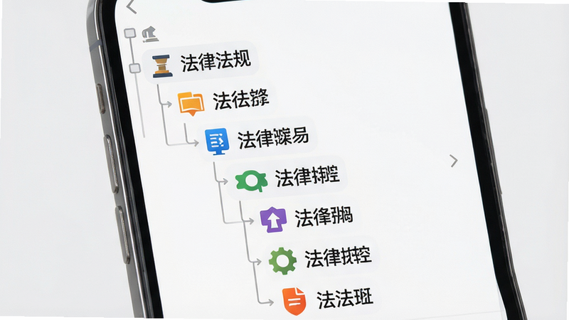 知识点图谱示意图,手机屏幕展示树状结构的目录导航,一级标题为“法律法规”,二级标题展开显示具体法条名称,图标设计简洁直观,色彩区分明显,背景为淡灰色,体现逻辑性与条理性,高清细节,无干扰元素