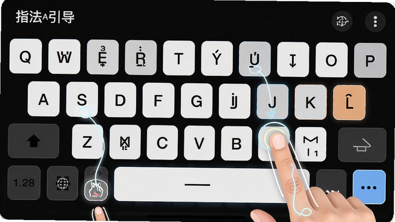 ����ΪFingerABC��ָ���������棬����չʾQWERTY���̲��֣��Ű�ͻ����ָ��㶯��Ч�������Ϊ�ִ���ԼUI��ϸ�ڰ�����ָ�켣��������������������������ɾ����޶���Ԫ�أ�����