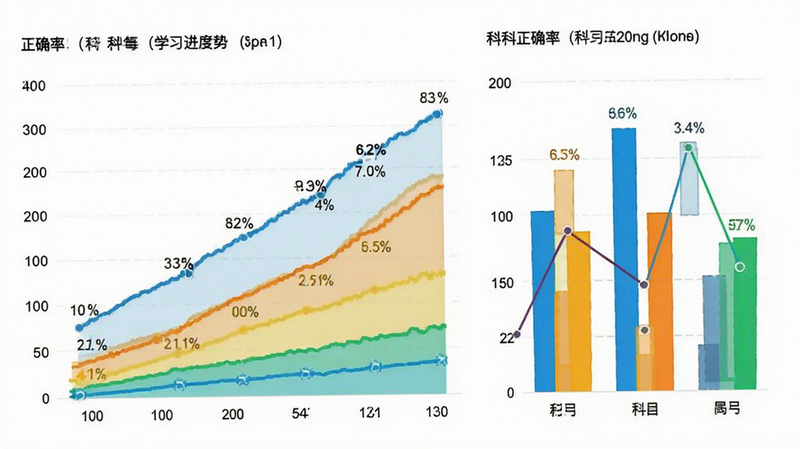 一张数据图表界面,展示了折线图表示的学习进度趋势,柱状图表示各科目正确率,图表色彩鲜明,数据标签清晰,背景为白色,布局简洁,体现数据可视化效果,高清