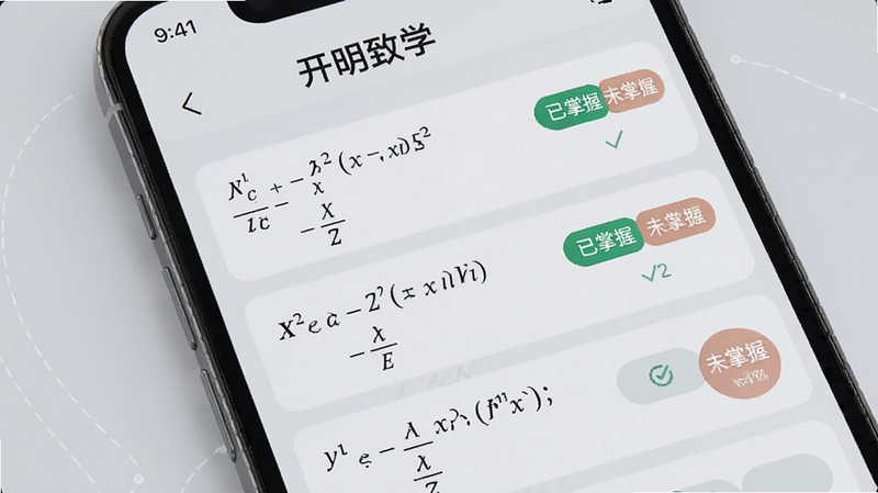 手机屏幕上显示着开明致学的错题本界面,列表中列出了几道数学题,每道题右侧有“已掌握”和“未掌握”标签,界面布局整齐,字体清晰,背景为浅灰色,体现科技感与实用性,高清
