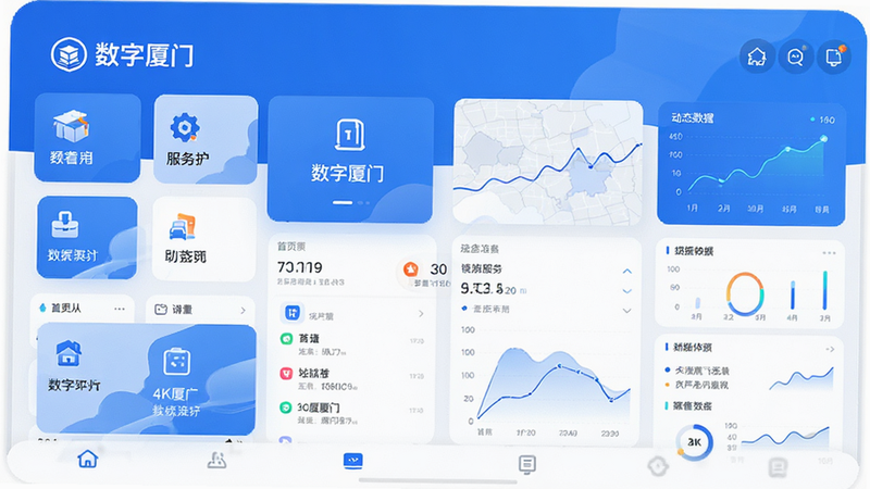 主体为数字厦门App界面全景展示,布局采用现代化扁平化设计,排版清晰有序,风格为科技蓝与白色为主色调,细节包含首页卡片式服务入口、动态数据图表、简洁图标,画质高清4K,干净无多余元素,文字“数字厦门”清晰可见