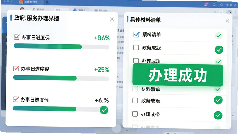 主体为政务服务办理界面模拟图,布局为左右分栏结构,左侧展示办事进度条,右侧展示具体材料清单,排版整齐,风格为极简商务风,细节包含勾选框、进度百分比、绿色对勾图标,画质清晰,干净,文字“办理成功”高亮显示