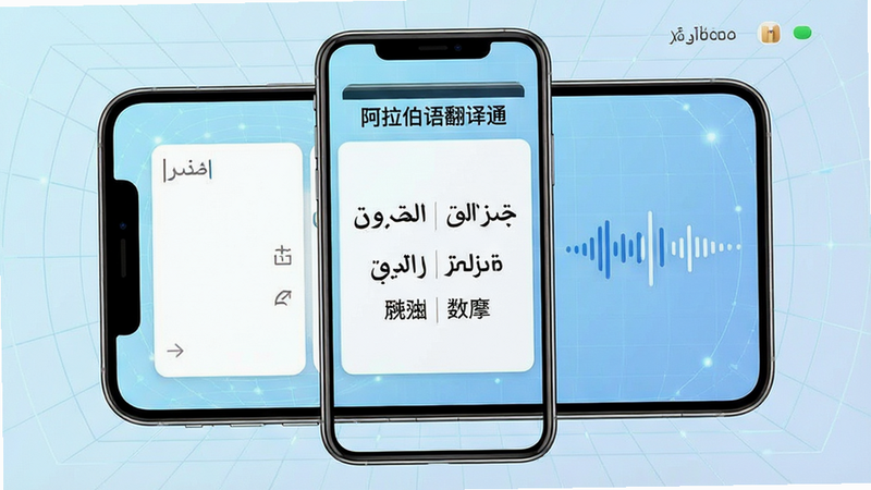 一张展示阿拉伯语翻译通APP主界面的高清UI设计图,主体为手机屏幕,屏幕中央显示阿拉伯语与中文对照的翻译结果,左侧是输入框,右侧是语音波形动画,背景为淡蓝色科技网格,风格现代简约,细节清晰,画质4K,干净无多余元素,文字