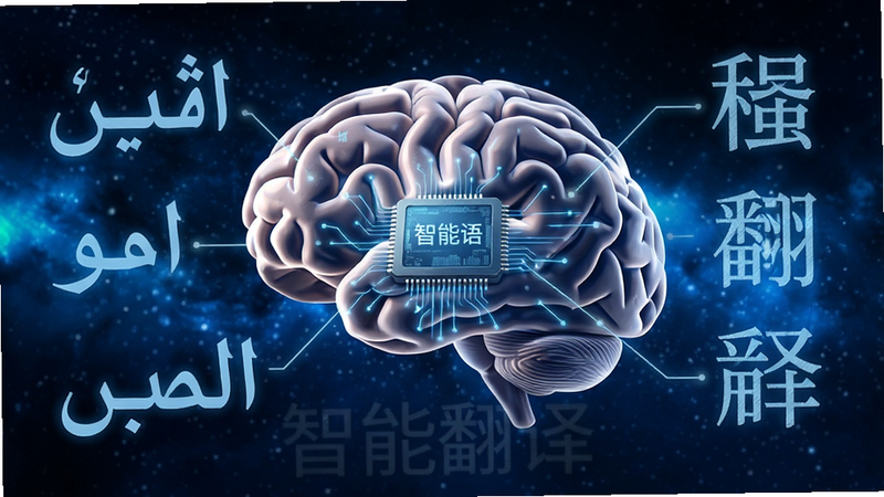 概念图,展示一个大脑芯片连接着阿拉伯文字符和汉字,象征智能语境分析,背景为深蓝色星空,光线柔和,细节丰富,体现科技感,主体居中,布局平衡,风格写实,画质高清,无多余装饰,文字
