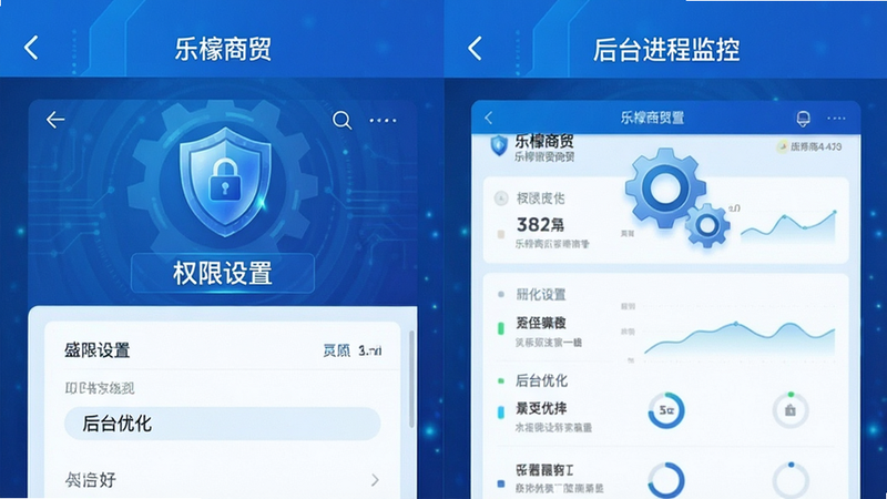 主体为乐檬商贸APP移动端使用场景,布局为分屏设计,左侧显示“权限设置”界面,右侧显示“后台进程监控”界面,排版左右对称,风格为科技感蓝色调,细节处包含盾牌图标与齿轮图标,画质清晰,干净,无多余元素,文字内容:“乐檬商贸”、“权限设置”、“后台优化”