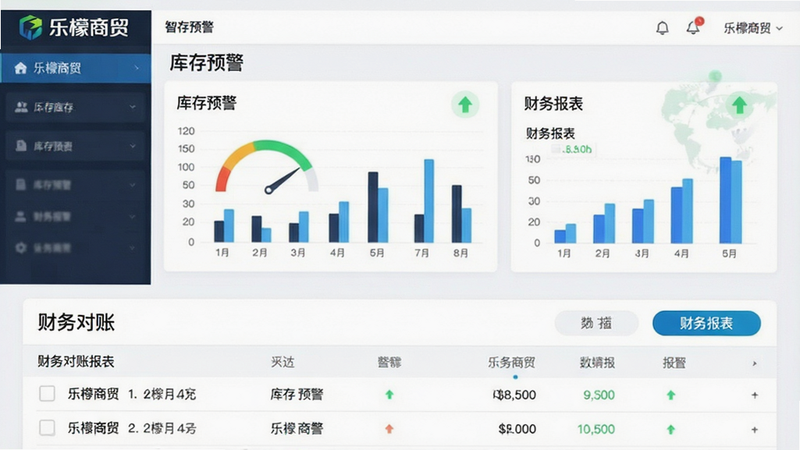 主体为乐檬商贸APP界面展示,布局采用上下结构,上方显示“智能库存预警”仪表盘,下方为“财务对账”报表列表,排版清晰简洁,风格为现代商务扁平化,细节处包含绿色上升箭头图标与蓝色数据柱状图,画质高清,干净,无多余元素,文字内容:“乐檬商贸”、“库存预警”、“财务报表”