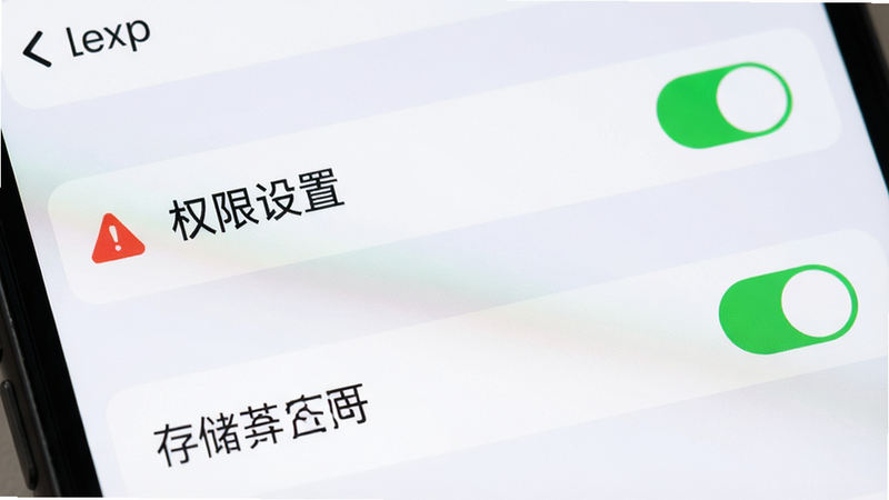 主体为手机设置界面特写,布局聚焦于“权限管理”与“存储占用”选项,排版清晰,风格简洁UI设计,细节展示红色警示图标与绿色开启开关,画质清晰,干净,无多余元素,文字内容包含引号内的“权限设置”,“存储空间”