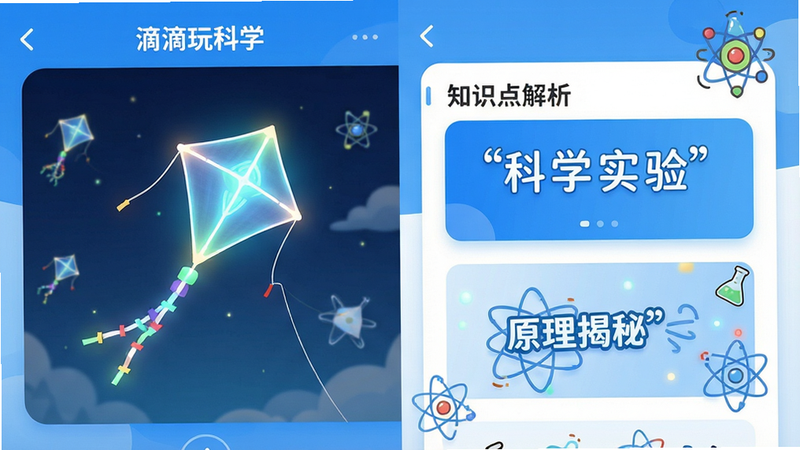 主体为“滴滴玩科学”APP界面全屏展示,布局采用分屏设计,左侧为动态实验操作区,显示一个正在发光的风筝飞行模拟场景,右侧为知识点解析卡片,排版整洁有序,风格清新明快,采用蓝白为主色调,细节处有卡通化的科学元素点缀,画质高清,干净,无多余元素,文字内容包含引号内的“科学实验”,“原理揭秘”