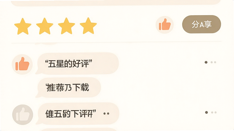 主体为应用商店评分界面截图,布局展示五星评分条与用户评论气泡,排版美观,风格温馨友好,细节展示点赞图标与分享按钮,画质柔和,干净,无多余元素,文字内容包含引号内的“五星好评”,“推荐下载”