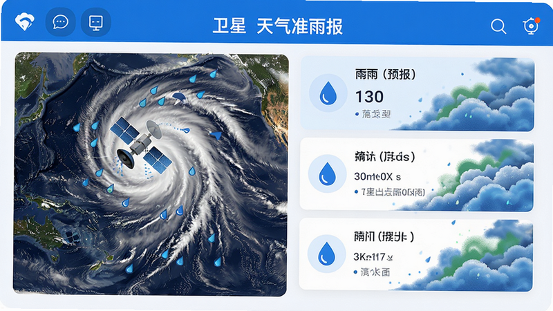 主体为“卫星天气准雨报”APP的高清界面展示,布局采用左侧卫星云图右侧降雨预报列表的对称式设计,排版简洁现代,风格为科技蓝与白色为主色调,细节包含清晰的雨滴图标和动态云图纹理,画质8k高清,干净无多余元素