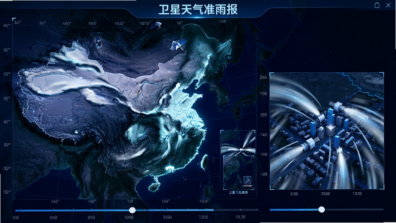 主体为“卫星天气准雨报”的动态云图界面,布局展示从宏观全国视角到微观城市视角的缩放过程,排版突出云层的立体感与移动轨迹,风格为深邃夜空蓝背景搭配发光云层,细节包含经纬度网格与时间轴滑块,画质细腻,干净无水印