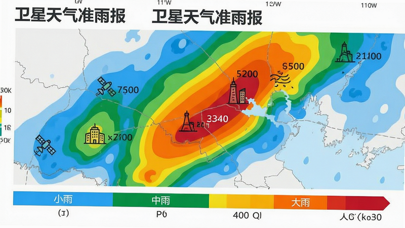 主体为“卫星天气准雨报”的降雨强度分布地图,布局采用热力图形式展示不同区域的降雨等级,排版清晰标注“小雨”、“中雨”、“大雨”色块,风格为清新扁平化设计,细节包含城市地标图标与降雨量数值标签,画质清晰,无杂乱线条