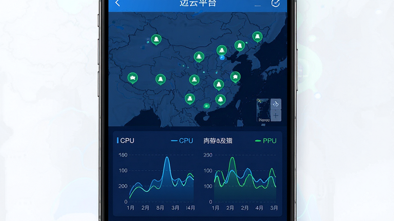 一张手机应用界面展示图,主体为边缘云平台APP的监控页面,布局清晰,上方为地图视图显示多个绿色节点图标,下方为数据图表展示CPU与内存波动,风格为现代科技感蓝色调,细节包含清晰的图表标签和流畅的线条,画质高清,干净无多余元素