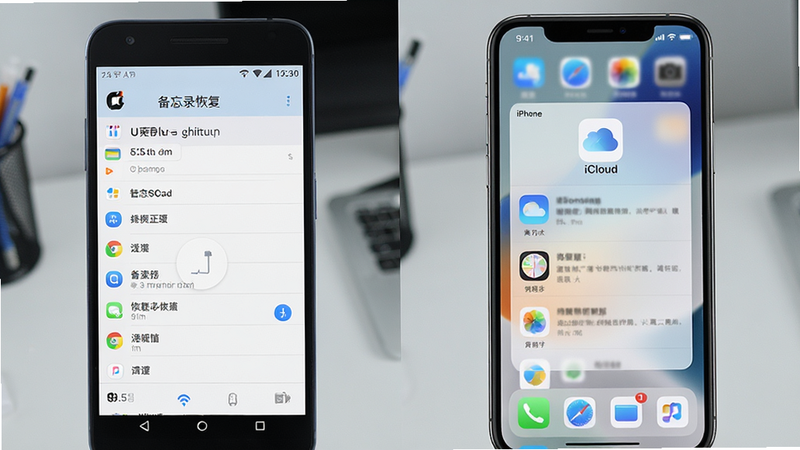 �ֻ��Ա�ͼ����ల׿�ֻ���ʾ������¼�ָ������棬�Ҳ�iPhone�ֻ���ʾiCloudͬ�����棬����Ϊ˫ƽ̨�Աȣ��������ҶԳƣ��Ű�ƽ�⣬���Ϊ�ִ��Ƽ��磬ϸ�ڰ���Ʒ��Logo�����Ԫ�أ����ʸ��壬�ɾ����޶���Ԫ��