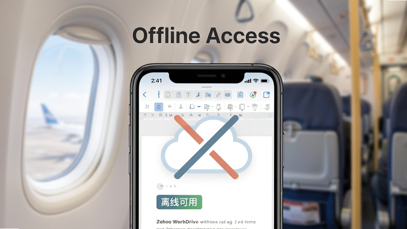 Zoho WorkDrive 离线模式概念图,主体为一部智能手机显示文档编辑界面,背景为模糊的飞机机窗或地铁车厢,布局聚焦于手机屏幕,排版突出离线图标(云朵带斜杠),风格为写实与扁平结合,细节展示屏幕上的“离线可用”标签,色彩柔和,画质细腻,干净背景,文字