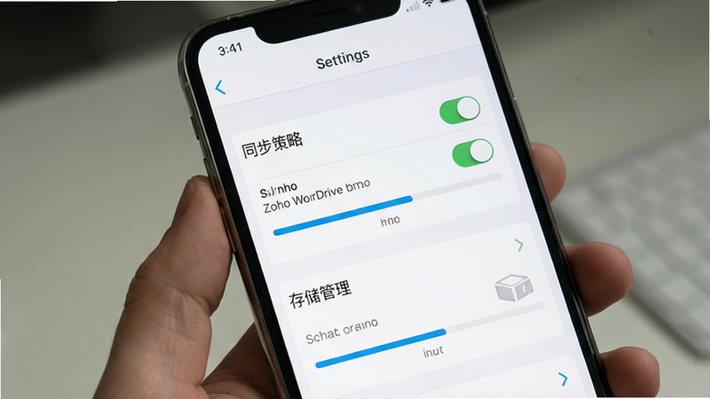 Zoho WorkDrive 移动端设置界面特写,主体为手机屏幕显示“同步策略”和“存储管理”选项,布局垂直列表排列,排版清晰易读,风格为扁平化UI设计,细节包含开关按钮和进度条,色彩以白色和浅灰为主,画质高清,干净无杂项,文字