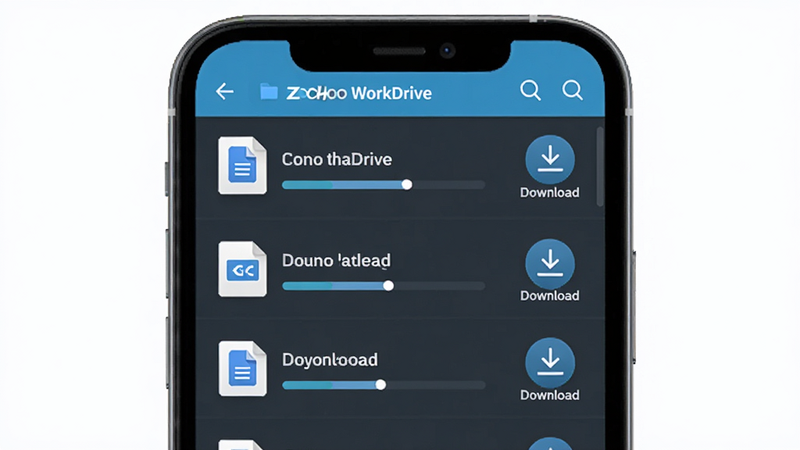 Zoho WorkDrive 文件下载界面演示,主体为手机屏幕显示文件列表,每个文件右侧有清晰的下载箭头图标,布局列表式排列,排版整齐,风格为现代简洁UI,细节包含下载进度条动画效果,色彩清新,画质清晰,干净背景,文字